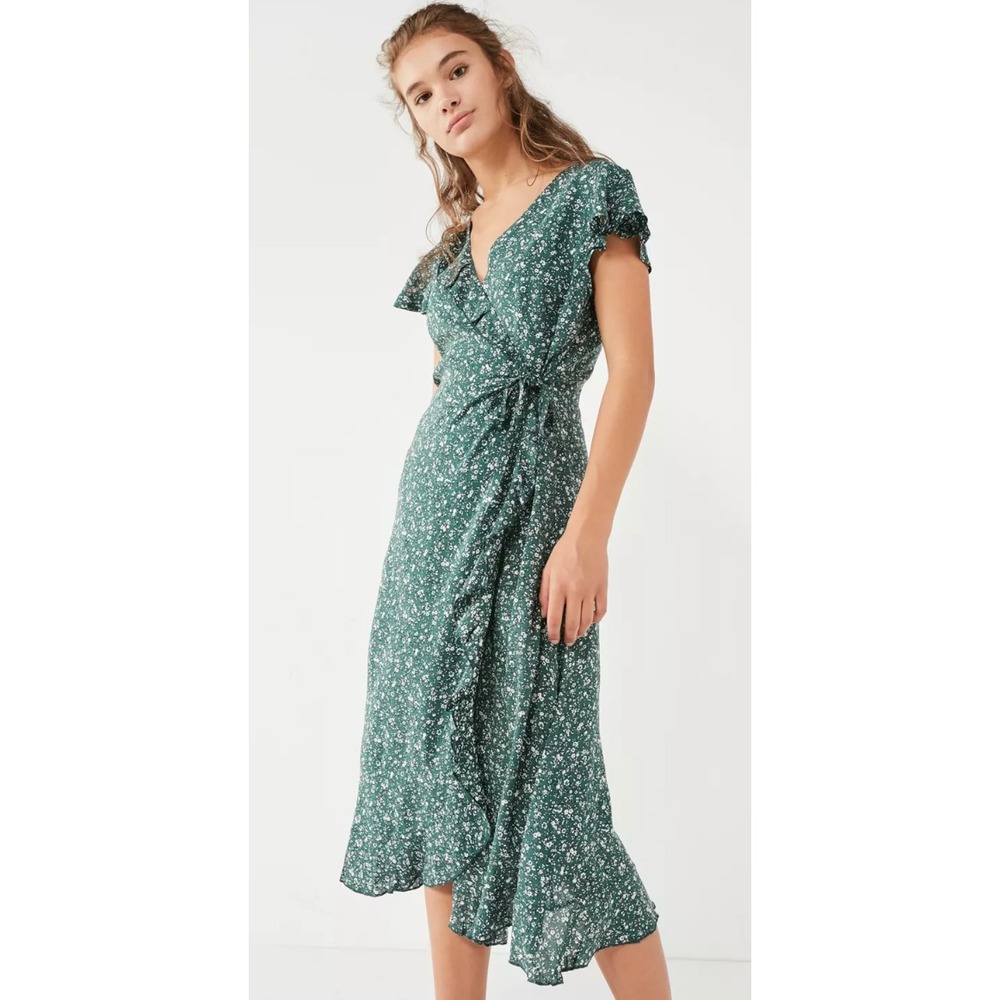 Urban Outfitters Kimchi Green Ruffle Midi Wrap Dress XS‎